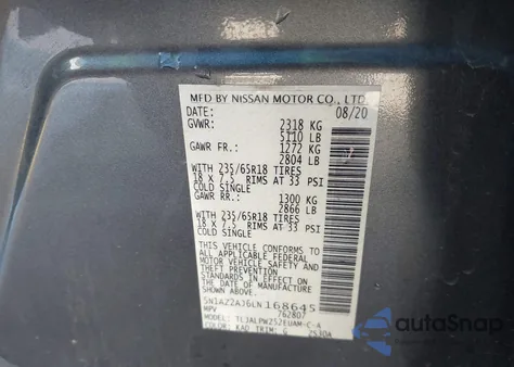 2020 Nissan Murano S Fwd z USA, uszkodzony, nr VIN 5N1AZ2AJ6LN168645